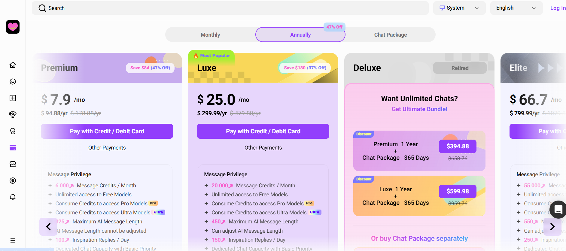 Crushon AI pricing plans — Premium $7.9/mo, Luxe $25/mo, Deluxe and Elite bundle tiers shown on the annual billing screen